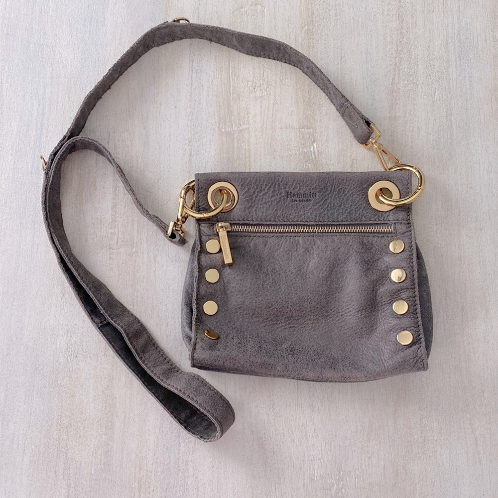 Hammitt Tony pewter taupe suede gold tone studded mini crossbody purse - Picture 2 of 10